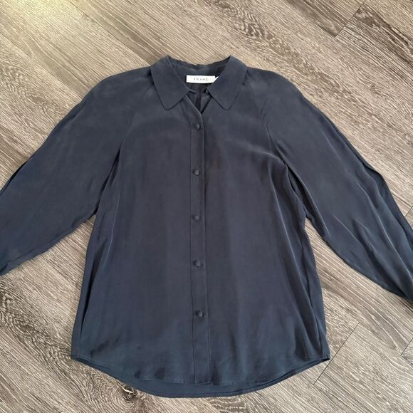 Frame Navy Slit Sleeve Silk Button Up - Picture 3 of 9